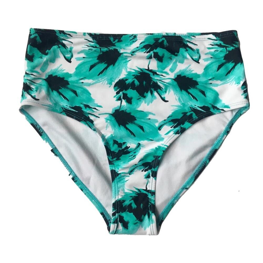 Nicole Miller Floral High Waisted Bikini Bottoms Green White Size 8 Tropical New
